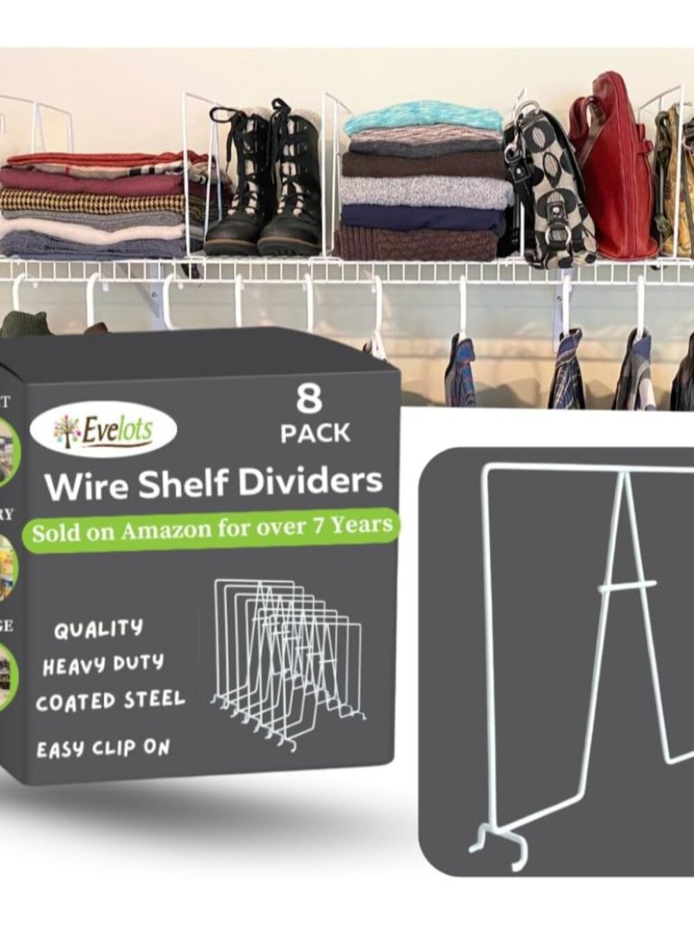 8-Pack Wire Shelf Dividers, Clip-On Closet Organizers, Tall Steel